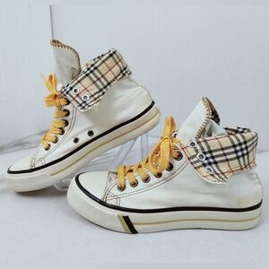 Yuanbo White Plaid Fold Over High Top Lace Up Sneakers, Sz 6